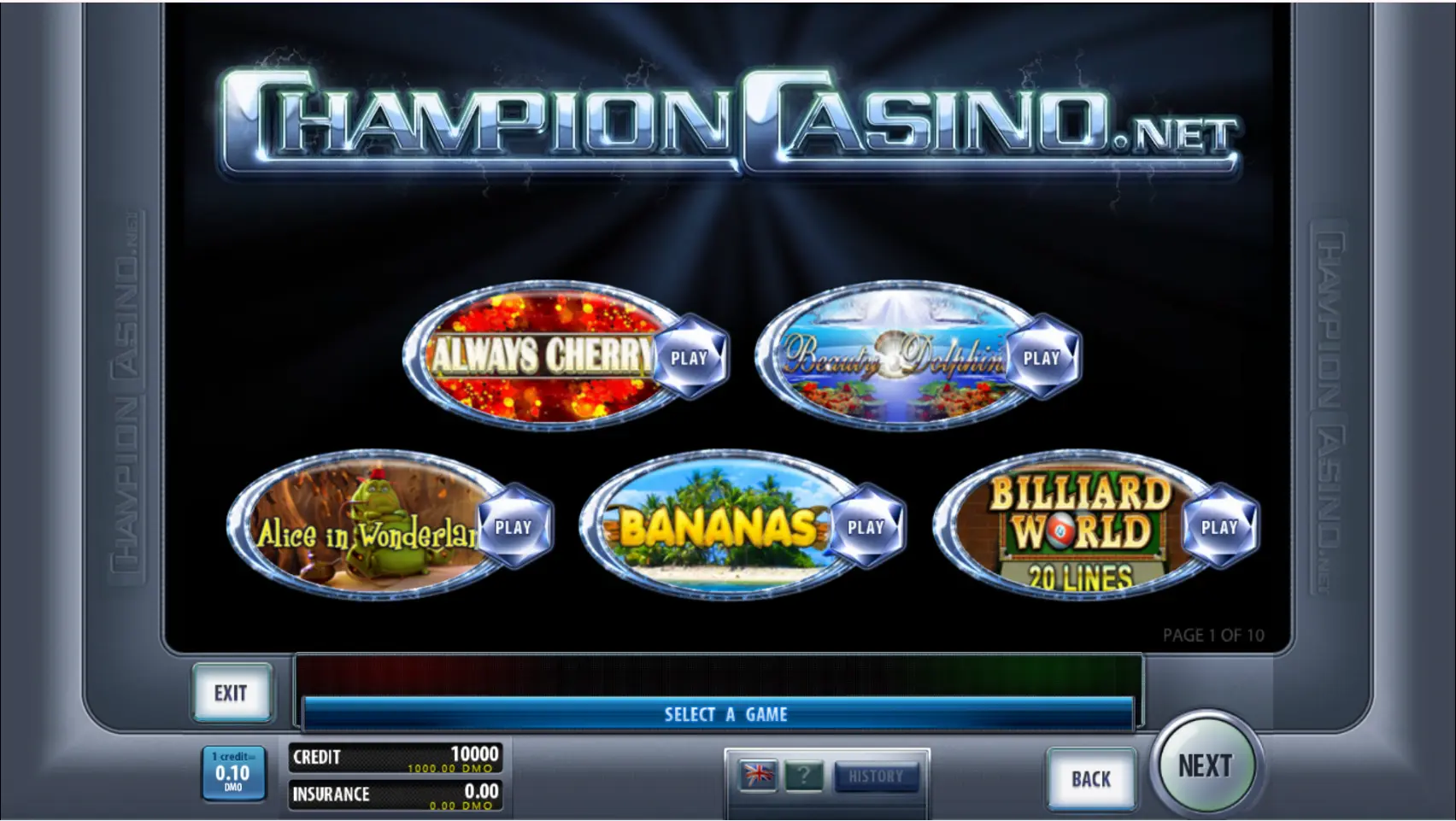 Зал Champion Casino в терминале Sportloto с выбором игр
